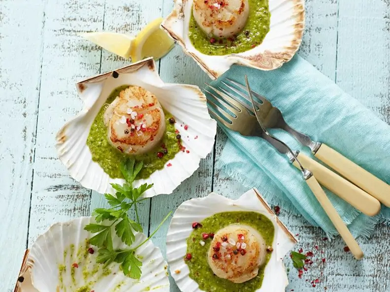 Gebratene Jakobsmuscheln mit scharfem Pesto