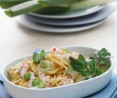 Spaghetti mit Bohnen, Lauch und Krebsfleisch