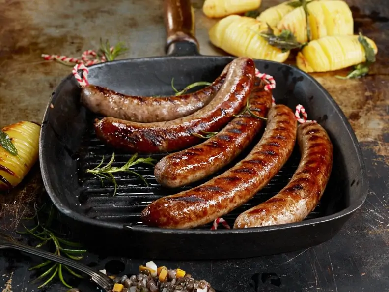 Wildenten-Würste mit Linsen und Kartoffeln