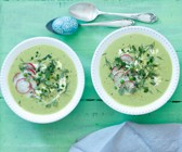 Erbsencremesuppe mit Radieschen und Kräutern