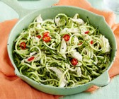 Zucchininudeln mit Rucola-Pesto und Hähnchenbrust