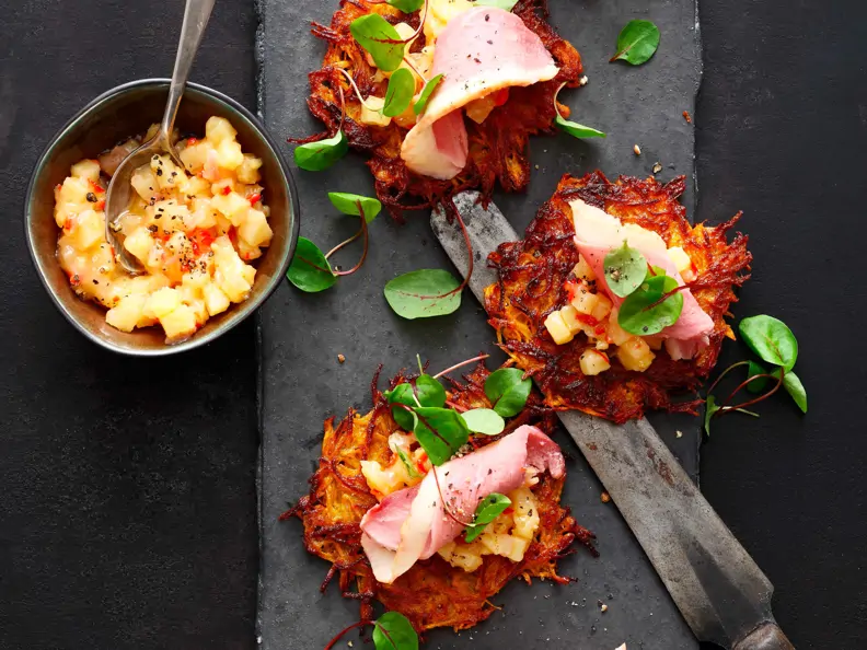 Süßkartoffelpuffer mit Entenbrust