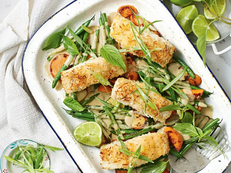 Seelachs mit Kokoskruste und Thai-Gemüse