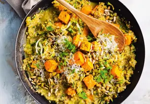 Quinoa-Risotto mit gebackenem Chili-Kürbis