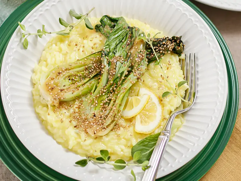Zitronen-Risotto mit glasiertem Pak Choi