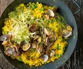 Risotto mit Safran, Venusmuscheln in Wein,
