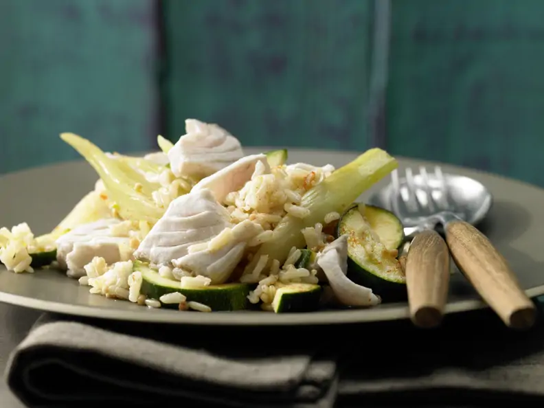 Fisch-Gemüse-Topf mit Reis