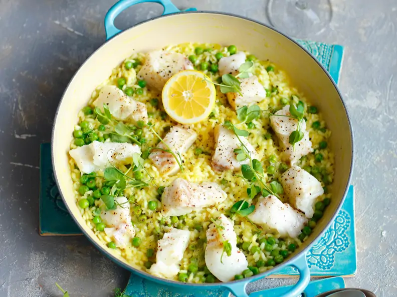 Risotto mit Fisch und Erbsen