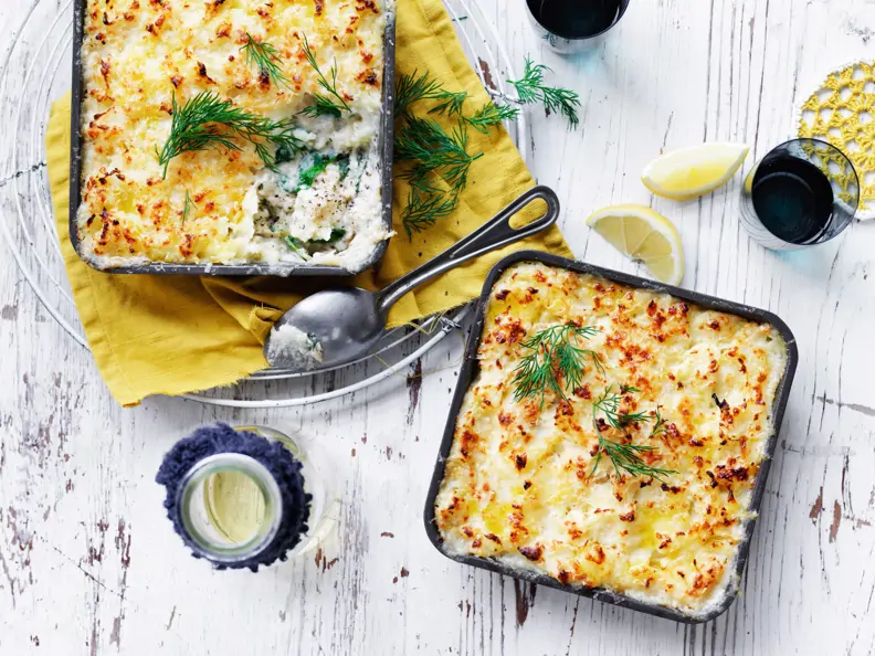 Lachsauflauf mit Sauce Mornay und Sellerie