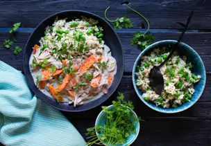 Jackfruit-Frikassee mit Erbsenreis