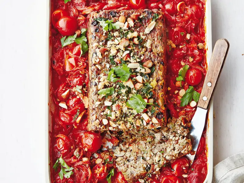 Linsen-Mandel-Braten mit Sugo