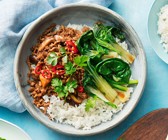 Stir-Fry mit Hackfleisch, Shiitake und Paksoi auf Reis
