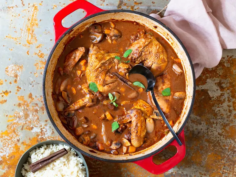 Schokoladenhuhn mit Gewürzreis