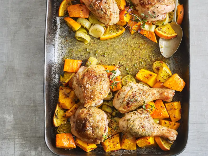 Huhn mit Kürbis und Lauch