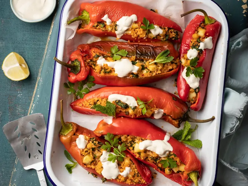 Paprika gefüllt mit Bulgur und Halloumi