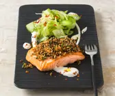 Wildlachs in Sesam-Pfeffer-Kruste, Gurke, Ingwer, Kardamomjoghurt