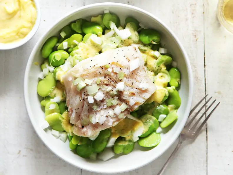 Kabeljau mit Aioli und Bohnengemüse