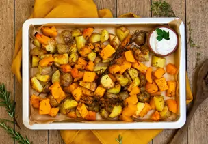 Kürbis und Kartoffeln im Ofen