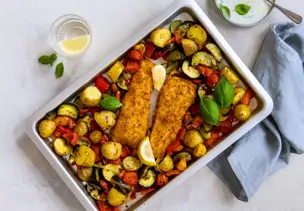 Backofen Fisch mit Ofenkartoffeln und Röstgemüse