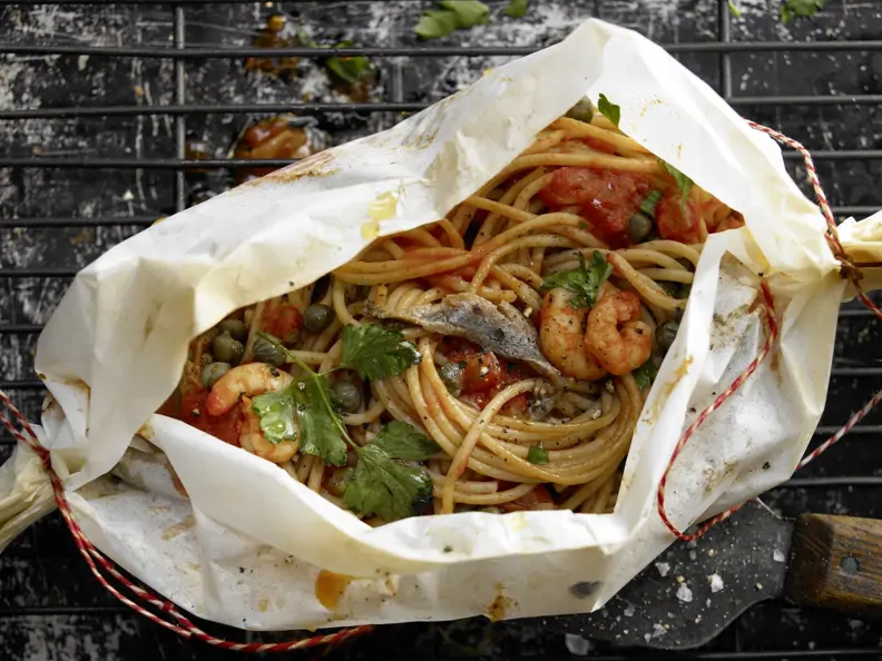 Spaghetti-Garnelen-Päckchen