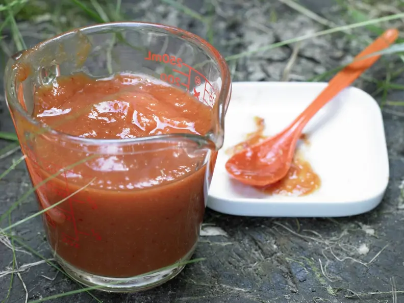 Fruchtige Barbecue-Sauce mit Ananas, Ahornsirup, Chili und Speck 