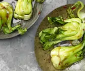 Pak Choi aus der Pfanne vor grauem Hintergrund