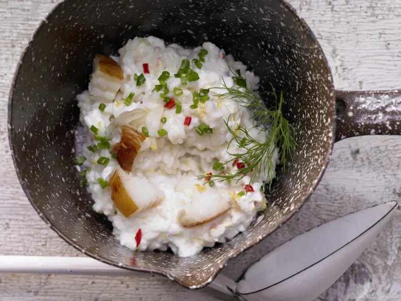 Risotto mit geräuchertem Heilbutt