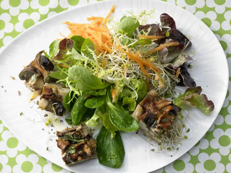 Pilz-Gratin auf Sprossensalat Rezept