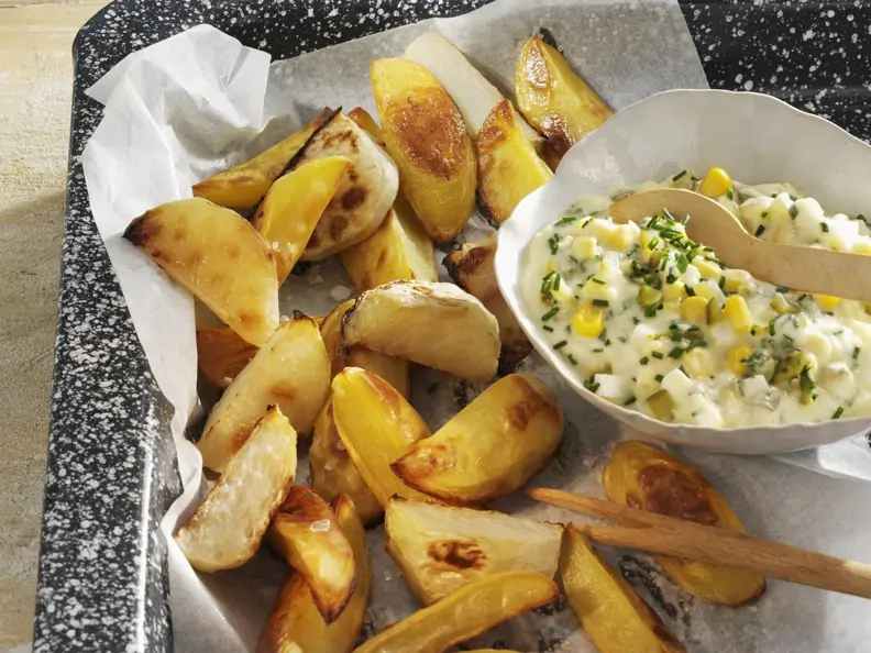 Kohlrabi- und Kartoffelecken mit Maissalat