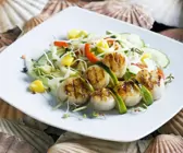 Gegrillte Jakobsmuscheln mit Gemüse-Mango-Salat