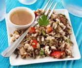Reissalat mit Linsen, Auberginen und Paprika
