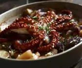 Gebackener Oktopus mit Kartoffeln und Zwiebeln
