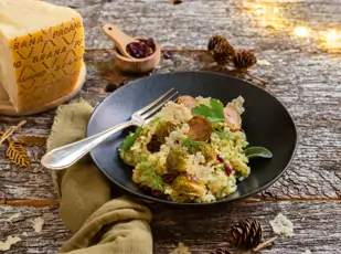 Kräuter-Cranberry-Risotto mit Grana Padano und Balsamico-Rosenkohl