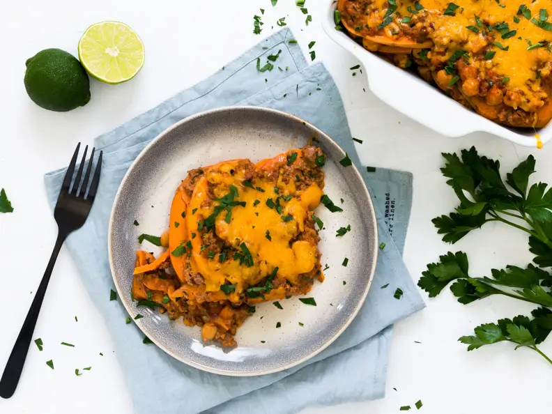 Süßkartoffel-Lasagne mit Kichererbsen