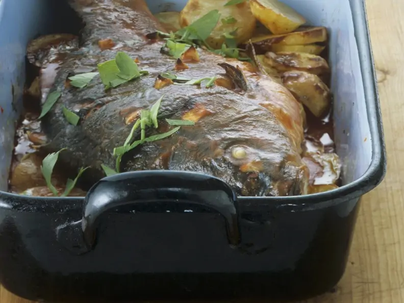 Gebackener Karpfen mit Wein-Tomaten-Soße