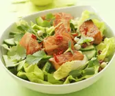 Marinierter Lachs auf Salat mit Gurke, Koriander und Chili