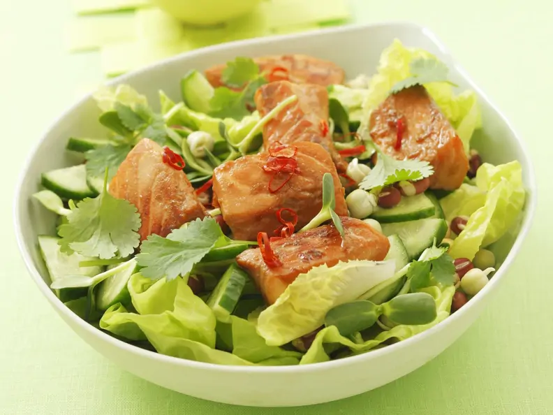 Marinierter Lachs auf Salat mit Gurke, Koriander und Chili