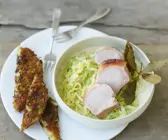 Spanferkel mit Spitzkohl und Kartoffelpuffern