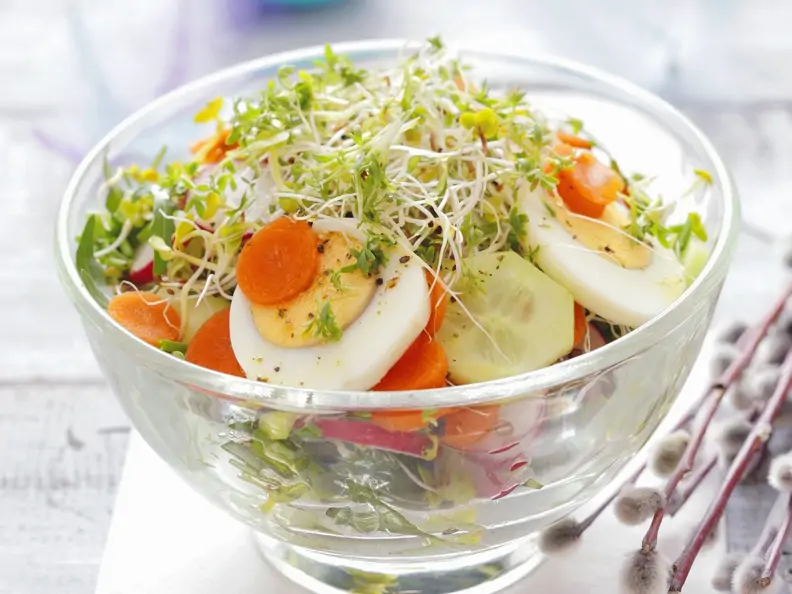 Gurkensalat mit Karotten, Kresse und Eiern