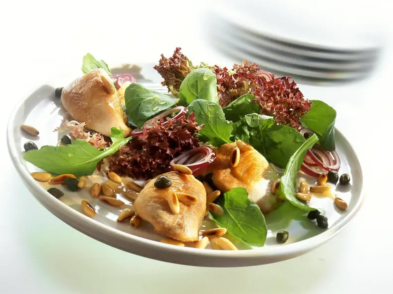 Putenschnitzel mit Rucola, Kapern, Lollo Rosso und Pinienkernen