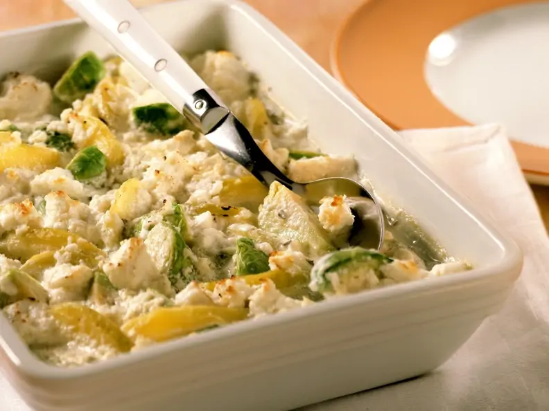 Kartoffel-Rosenkohl-Gratin mit Ziegenkäse