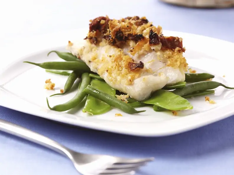 Gratiniertes Kabeljaufilet mit Bohnen