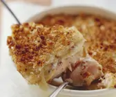 Kartoffelgratin mit scharfem Lachs, Fenchel und Krümmelkruste