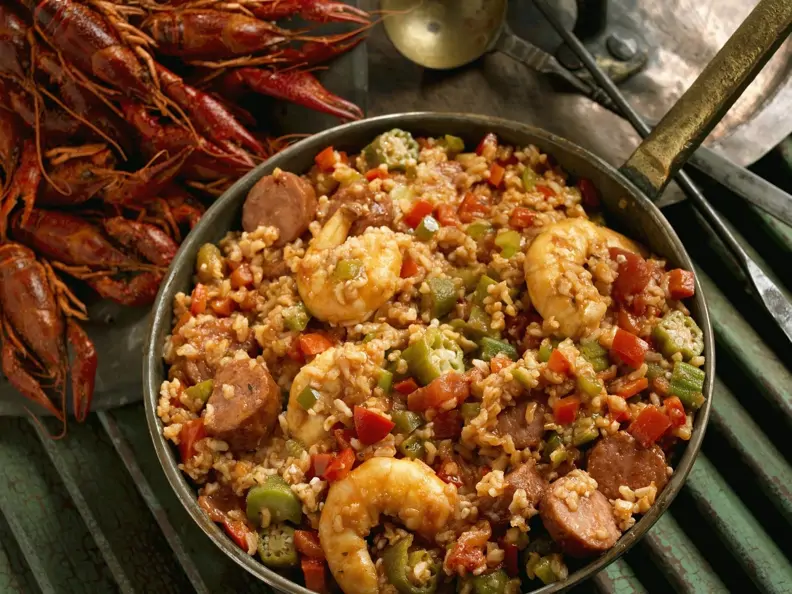 Eintopf mit Shrimps, Wurst und Flusskrebsen aus der Südstaatenküche (Gumbo)