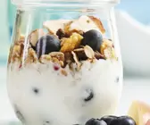 Müsli mit Joghurt, Heidelbeeren, Apfel und Trockenobst