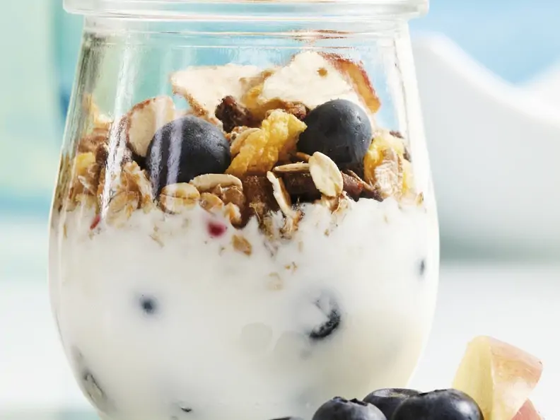 Müsli mit Joghurt, Heidelbeeren, Apfel und Trockenobst