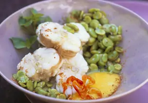 Seeteufel mit dicken Bohnen und Coulis aus Mango