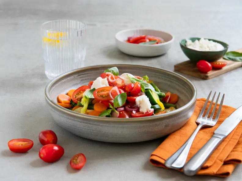Burrata-Tomatensalat auf italienischem Gemüse
