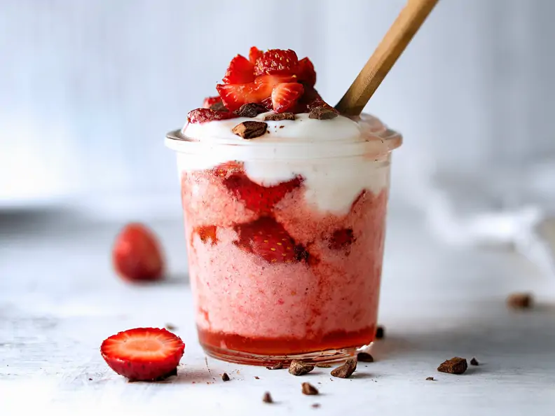 Erdbeereis mit Joghurtcreme und Schokolade
