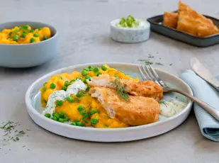 Backofen Fisch Knusprig Kross mit buntem Gemüsepüree